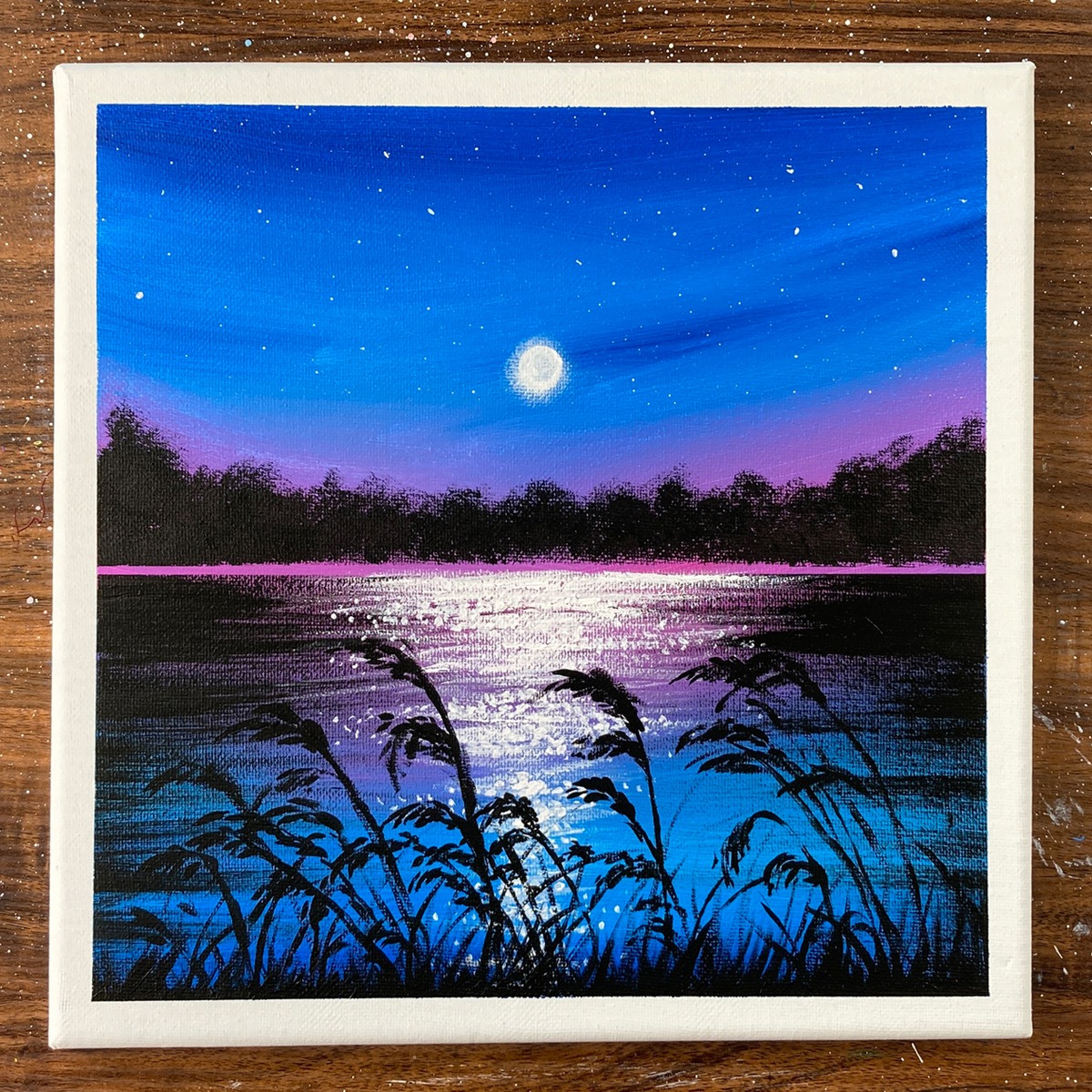 アクリル絵画 風景画　原画　お姉ちゃんと見つけた満月のお月見 アクリル絵の具で「秋、満月の風景」描いてみた｜junya_art