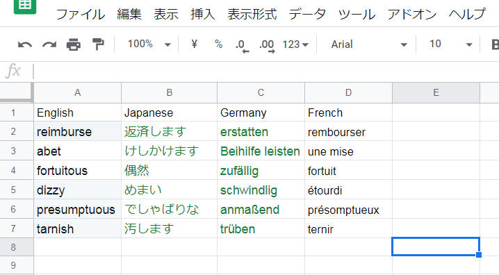 Googleのスプレッドシートで 英語 日本語 ドイツ語 フランス語 の一覧単語帳を作る 翻訳 単語 単語帳 Hausen Japan Note