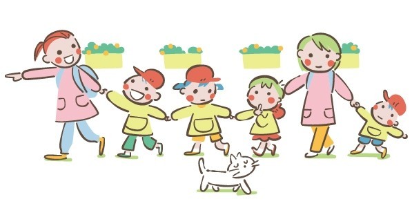 先生と一緒にお散歩する保育園または幼稚園の子どもたちのイラスト 無料 Gogon Note