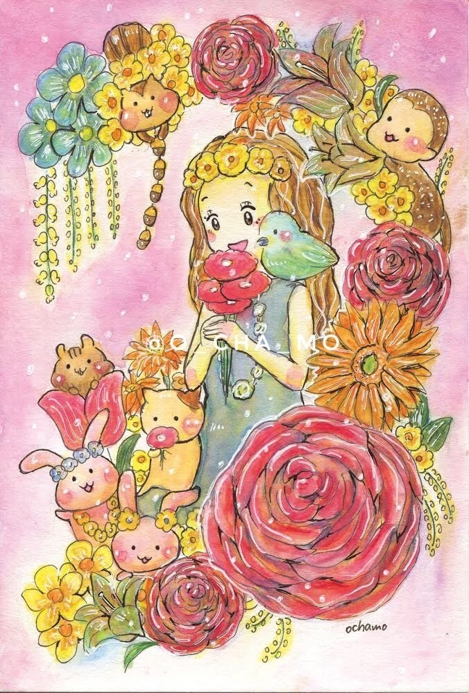 華やかなお花と女の子と動物たちの水彩イラスト おちゃも イラストレーターハンドメイド作家 Note