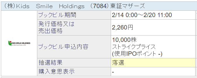【IPO】Kids Smile Holdings（7084）抽選結果-落選