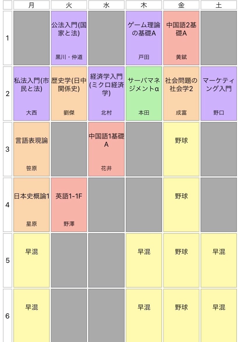 団員の1年春学期の時間割大公開 文系 早稲田大学混声合唱団 Note