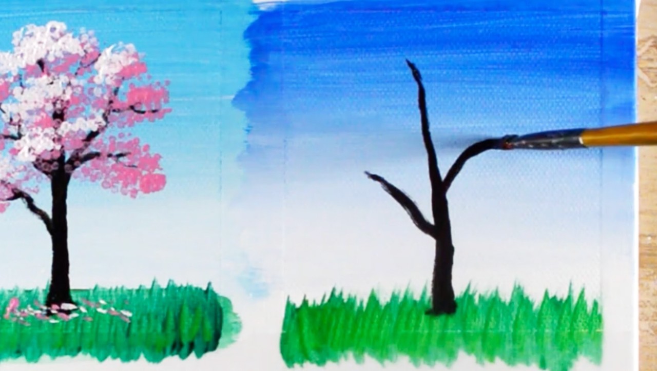 アクリル絵の具を使用した桜の四季の描き方 初心者が簡単に絵を描く方法 Junya Art Note