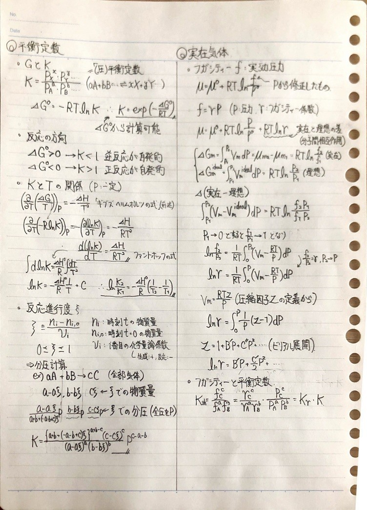 物理化学５ F 熱力学 フガシティー 化学学生のノート Note