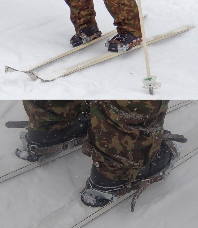 自衛隊の革紐製スキー板固定具