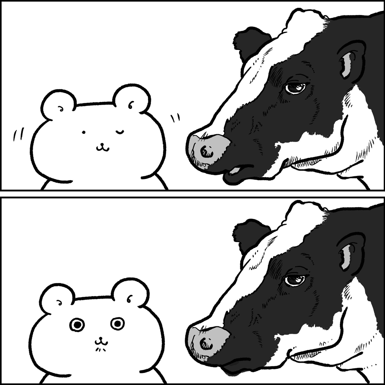 牛から衝撃の事実を聞いて驚くクマ やじま けんじ 牛から衝撃の事実を聞いて驚くクマ やじま けんじ